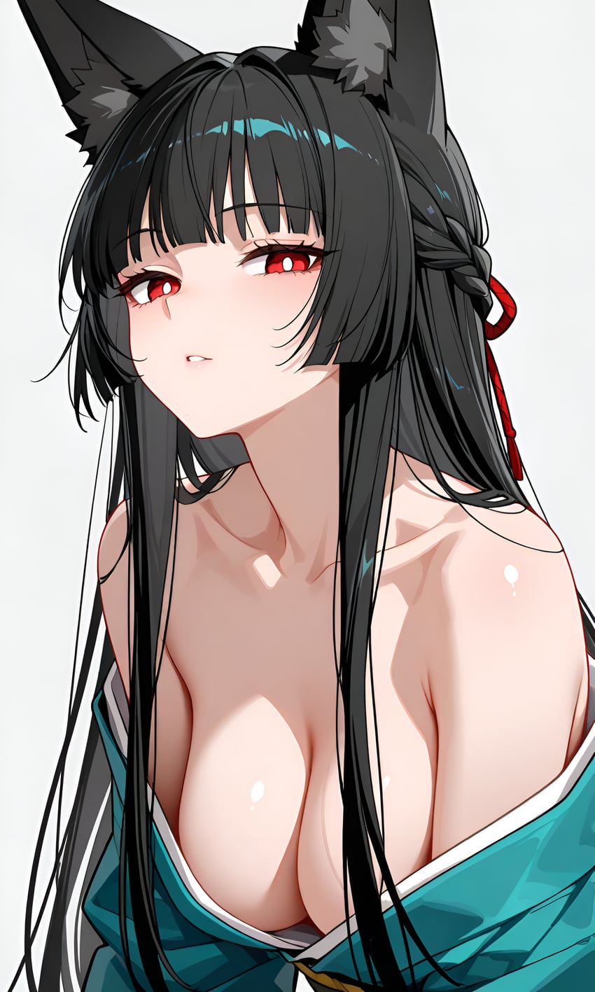 1girl, absurdres, animal_ear_fluff, animal_ears, bangs, bare_shoulders, black_hair, blunt_bangs