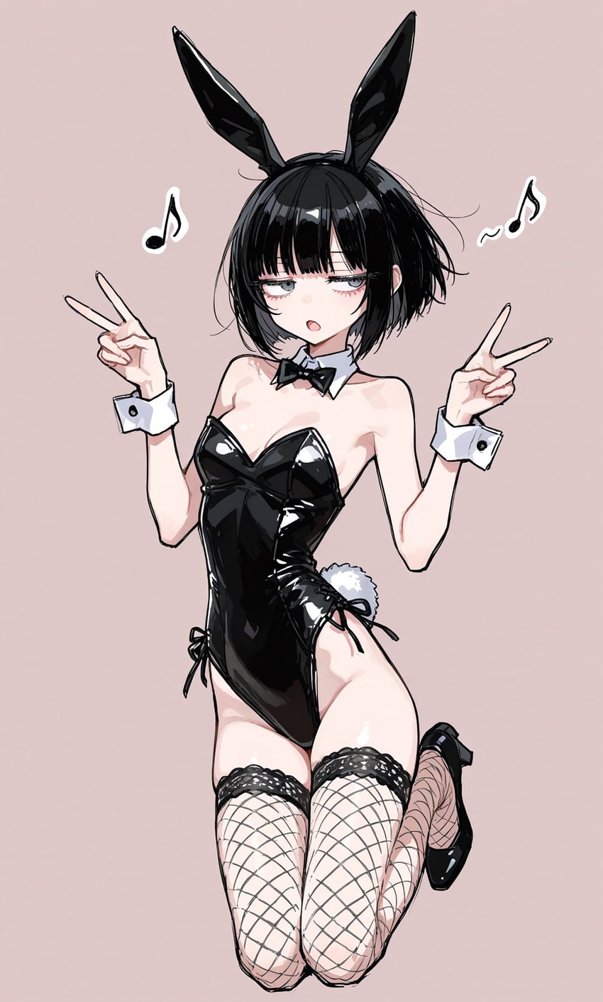 1girl, :o, animal_ear_hairband, animal_ears, bare_shoulders, black_bow, black_bowtie, black_eyes, black_footwear, black_hair, black_hairband, black_leotard, black_thighhighs, bow, bowtie, breasts, brown_background, collarbone, commentary_request, covered_navel, detached_collar, double_v, eighth_note, english_commentary, fake_animal_ears, fake_tail, fishnet_thighhighs, fishnets, full_body, groin, hairband, highleg, highleg_leotard, highres, japanese_commentary, jitome, leotard, looking_to_the_side, mixed-language_commentary, model_request, musical_note, omuomutakosu, open_mouth, original, playboy_bunny, rabbit_ear_hairband, rabbit_ears, shoes, short_hair, side-tie_leotard, simple_background, small_breasts, solo, strapless, strapless_leotard, tail, thighhighs, traditional_bowtie, v, wrist_cuffs