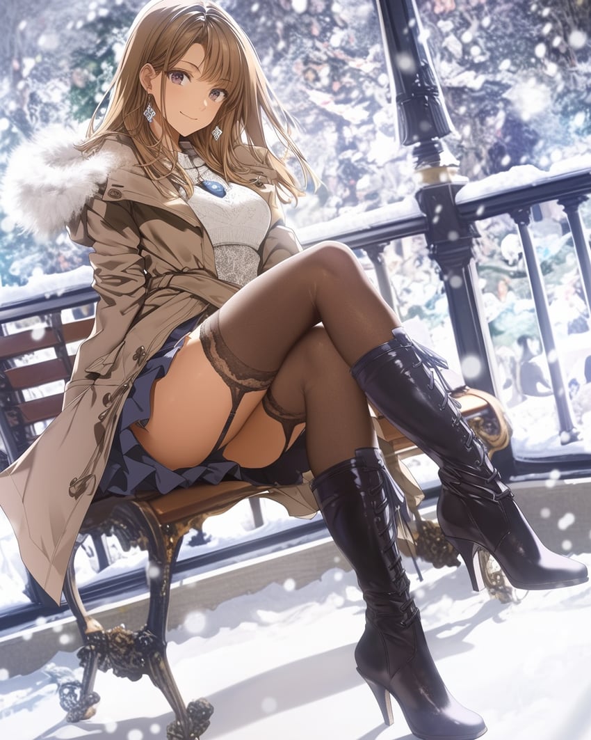 1girl, bangs, bench, black_footwear, blouse, blue_skirt, blurry, blurry_background