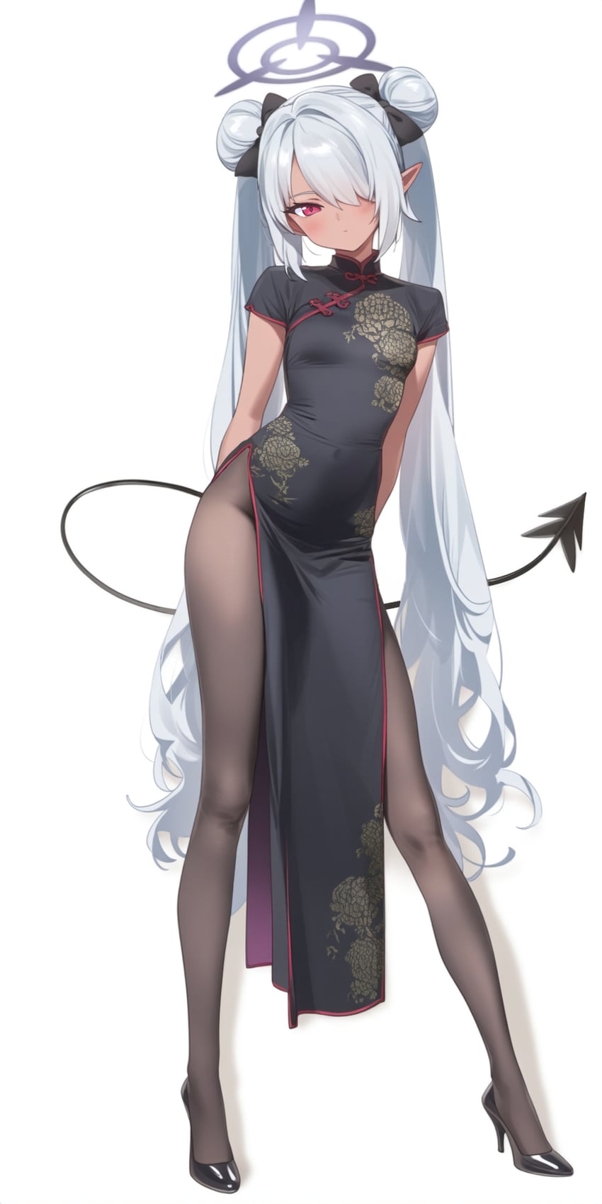 1girl, arms_behind_back, bangs, black_bow, black_dress, black_footwear, black_pantyhose, blue_archive