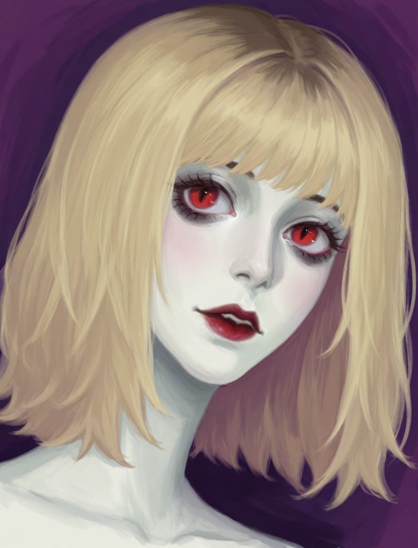 1girl, bags_under_eyes, bangs, blonde_hair, blush, brown_hair, collarbone, colored_skin