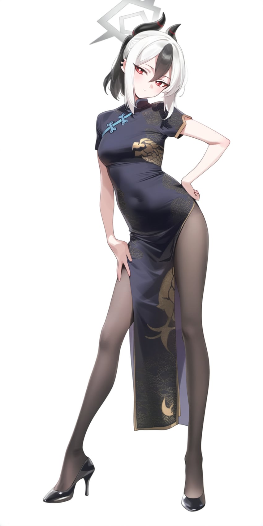 1girl, black_dress, black_footwear, black_hair, black_pantyhose, blue_archive, breasts, china_dress, chinese_clothes, closed_mouth, commentary_request, covered_navel, crowna, dot_nose, double-parted_bangs, dress, earclip, expressionless, eyebrows_visible_through_hair, forehead, full_body, gold_trim, grey_halo, hair_between_eyes, halo, hand_on_own_hip, hand_on_own_thigh, head_tilt, high_heels, highres, horns, japanese_commentary, kayoko_(blue_archive), legs, legs_apart, long_legs, medium_breasts, multicolored_hair, pantyhose, red_eyes, short_sleeves, simple_background, solo, split_mouth, standing, two-tone_hair, white_background, white_hair, white_halo