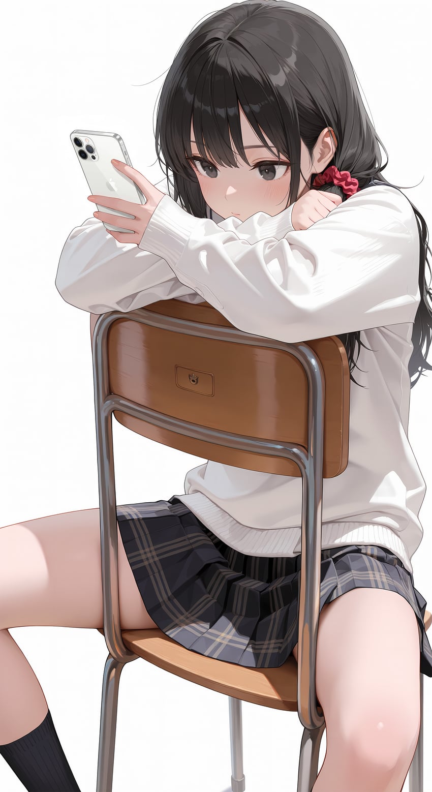 1girl, absurdres, black_eyes, black_hair, black_skirt, black_socks, cellphone, chair, closed_mouth, commentary, crossed_arms, eyebrows_visible_through_hair, hair_ornament, hair_scrunchie, highres, holding, holding_phone, incredibly_absurdres, japanese_commentary, kneehighs, light_blush, long_hair, mew0nai, miniskirt, model_request, on_chair, original, phone, plaid, plaid_skirt, pleated_skirt, school_chair, scrunchie, sitting, skirt, sleeves_past_wrists, smartphone, socks, solo, sweater, three_quarter_view, white_sweater