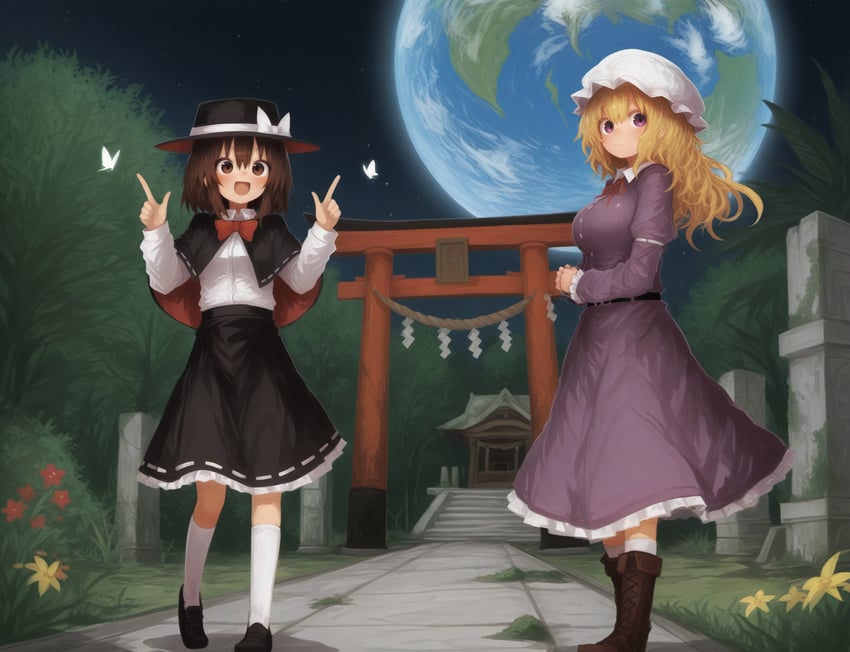 2girls, abandoned, belt, black_belt, black_capelet, black_footwear, black_headwear, black_skirt