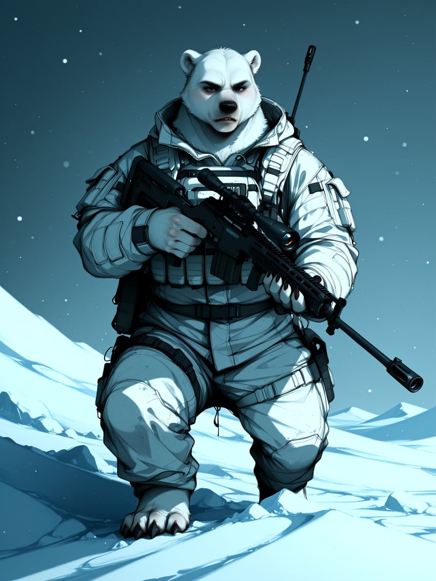 1boy, aiming, arctic, armed, bear, combat_gear, darkershadeofpale, fur