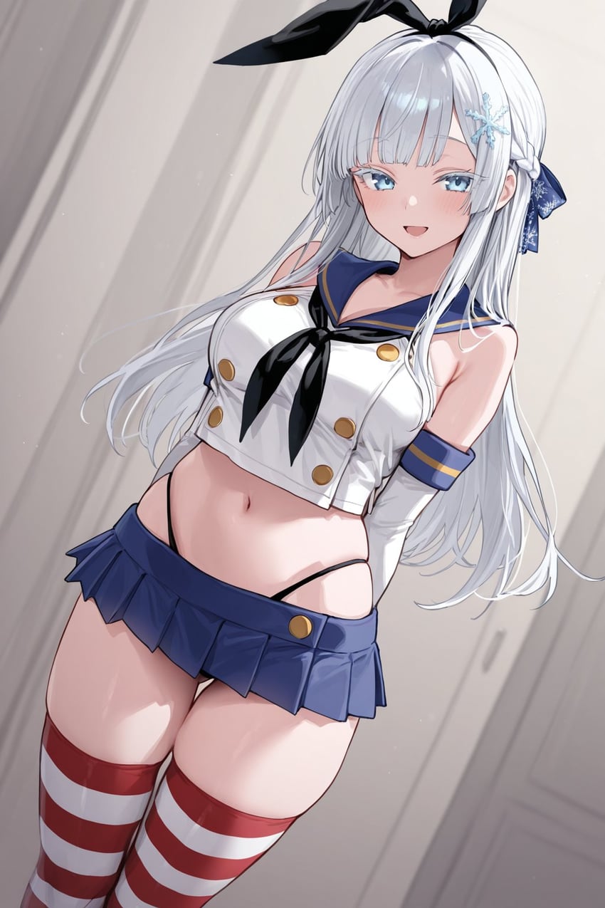 1girl, :d, armpit_crease, arms_behind_back, bare_shoulders, black_hairband, blue_eyes, blue_sailor_collar