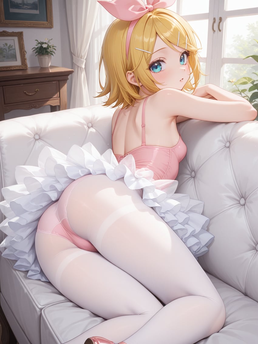 1girl, blonde_hair, blue_eyes, breasts, couch, hair_ribbon, kagamine_rin, kazz-kargonus