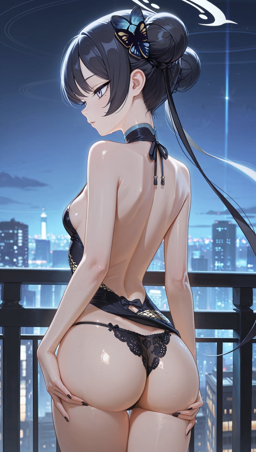 1girl, absurdres, ass, ass_focus, backless_outfit, bad_booth_id, bad_id, balcony