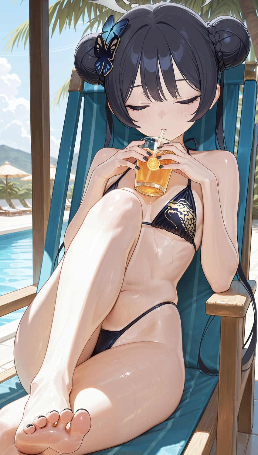 1girl, absurdres, bad_booth_id, bad_id, beach_chair, bikini, black_hair, blue_archive