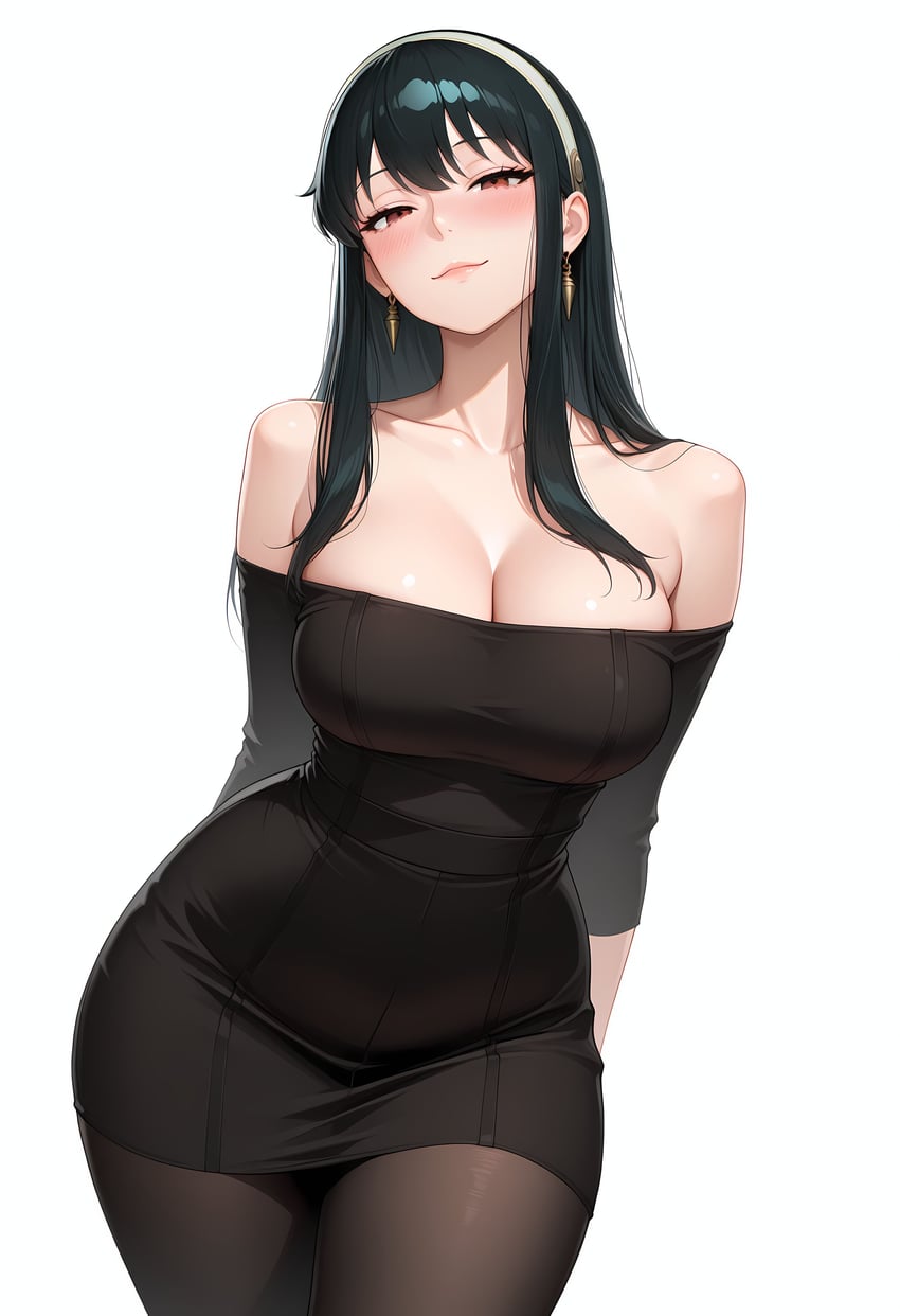 1girl, absurdres, aliaaaaania, arms_behind_back, bangs, bare_shoulders, black_dress, black_hair