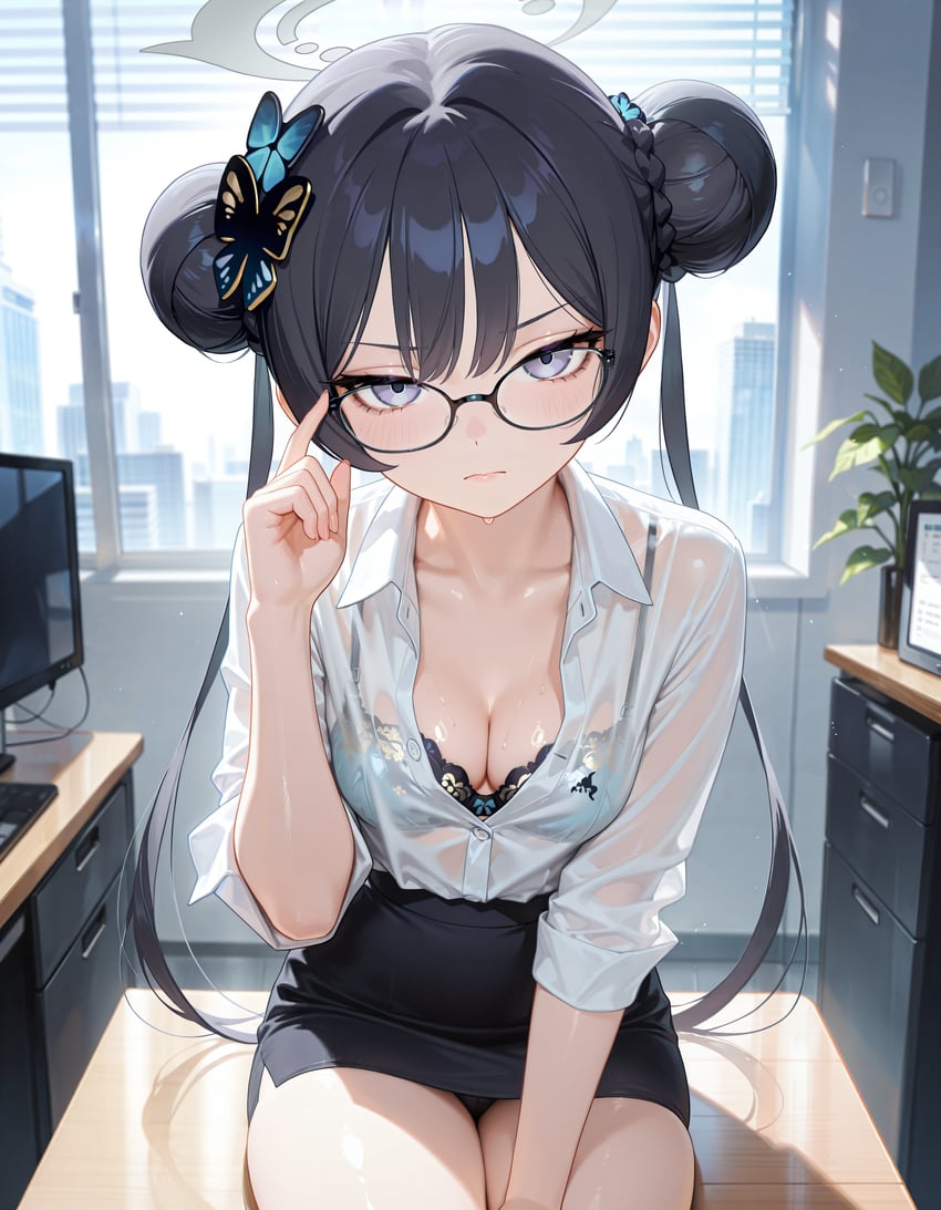 1girl, absurdres, angry, bad_booth_id, bad_id, black-framed_eyewear, black_hair, blue_archive