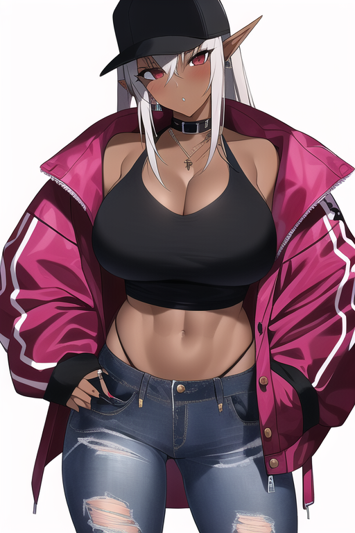 1girl, abs, black_choker, breasts, choker, cleavage, dark-skinned_female, dark_elf