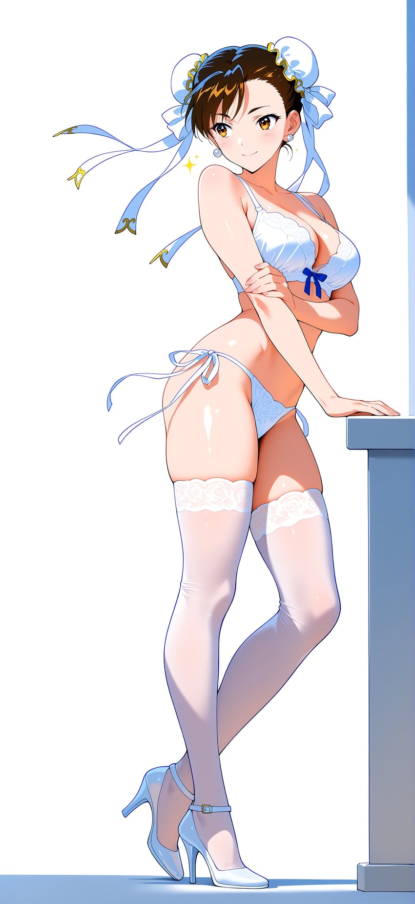 1girl, absurdres, ankle_strap, arm_under_breasts, bangs, bare_arms, blonde_hair, blue_ribbon, bra, breasts, brown_hair, chun-li, cleavage, closed_mouth, collarbone, contrapposto, double_bun, earrings, fingernails, forehead, full_body, hair_bun, hair_ornament, hair_ribbon, high_heels, highres, jewelry, lace-trimmed_bra, lace-trimmed_panties, lace-trimmed_thighhighs, lace_trim, large_breasts, legs, looking_to_the_side, lora, m2ai, medium_hair, panties, parted_bangs, pearl_earrings, ribbon, shadow, side-tie_panties, simple_background, smile, solo, sparkle, split_mouth, standing, street_fighter, thighhighs, thighs, underwear, v-shaped_eyebrows, white_background, white_bra, white_footwear, white_panties, white_ribbon, white_thighhighs