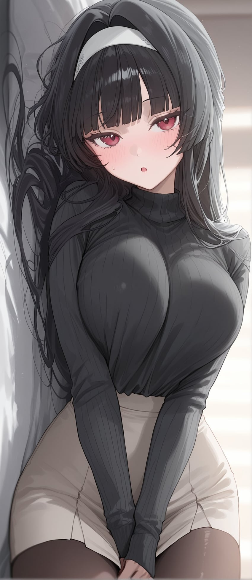 1girl, :o, astra_yao, black_hair, black_sweater, blurry, blurry_background, blush
