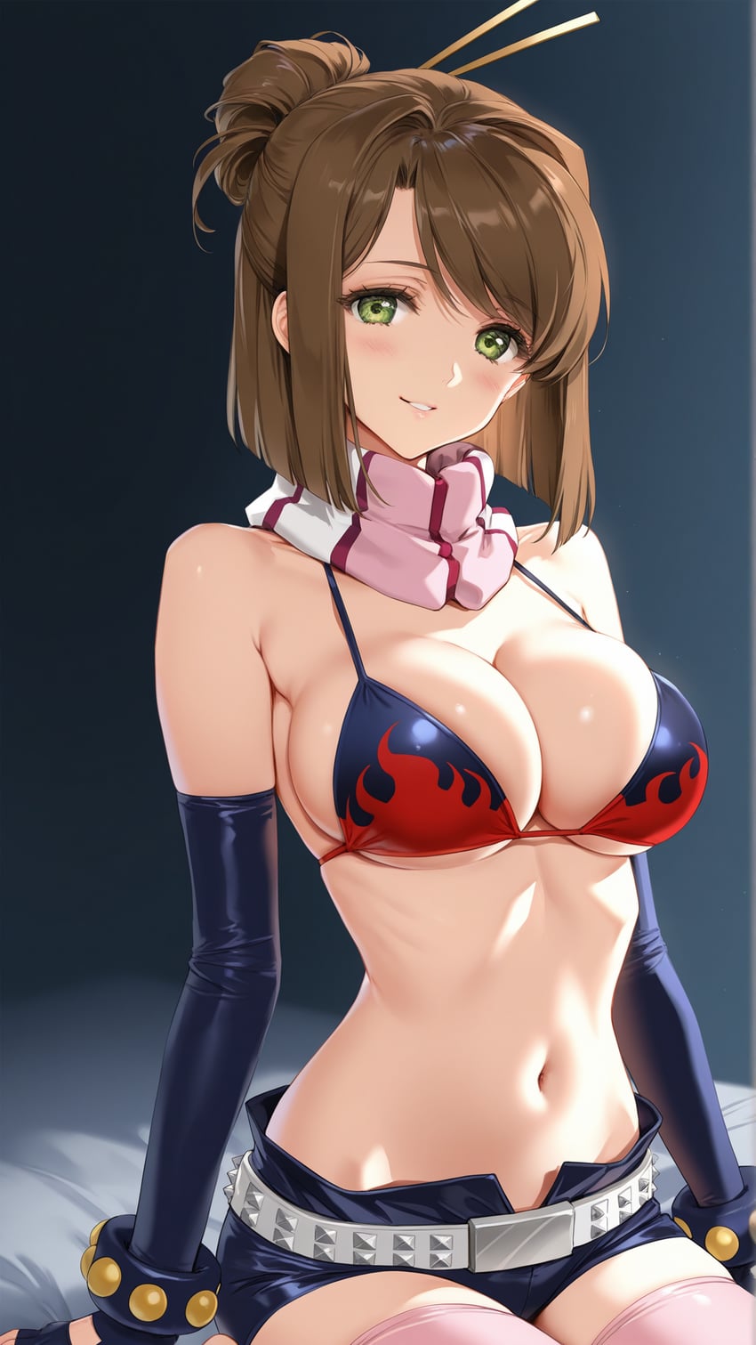 1girl, arms_at_sides, backlighting, bangs, belt, bikini, bikini_top_only, black_gloves