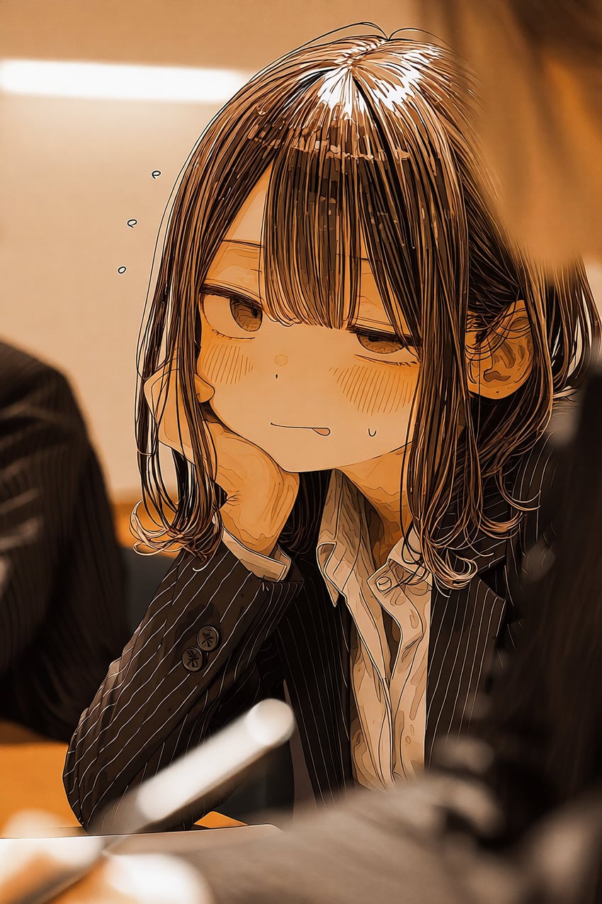 1girl, 2others, absurdres, black_hair, black_suit, blurry, blurry_background, blurry_foreground