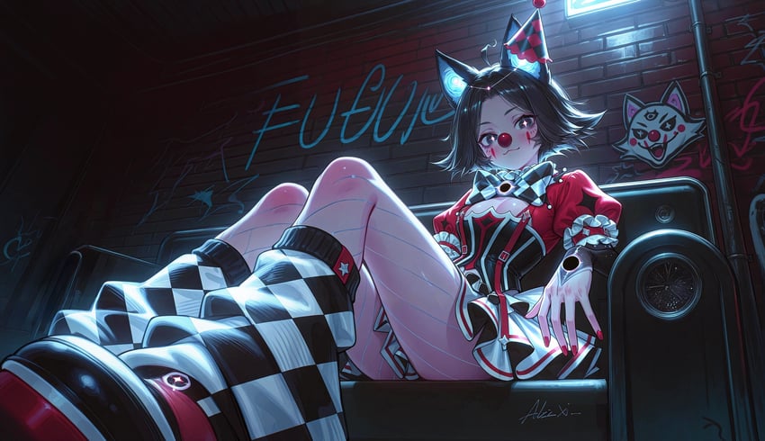 1girl, absurdres, ahoge, animal_ears, black_eyes, black_hair, bow, checkered_bow