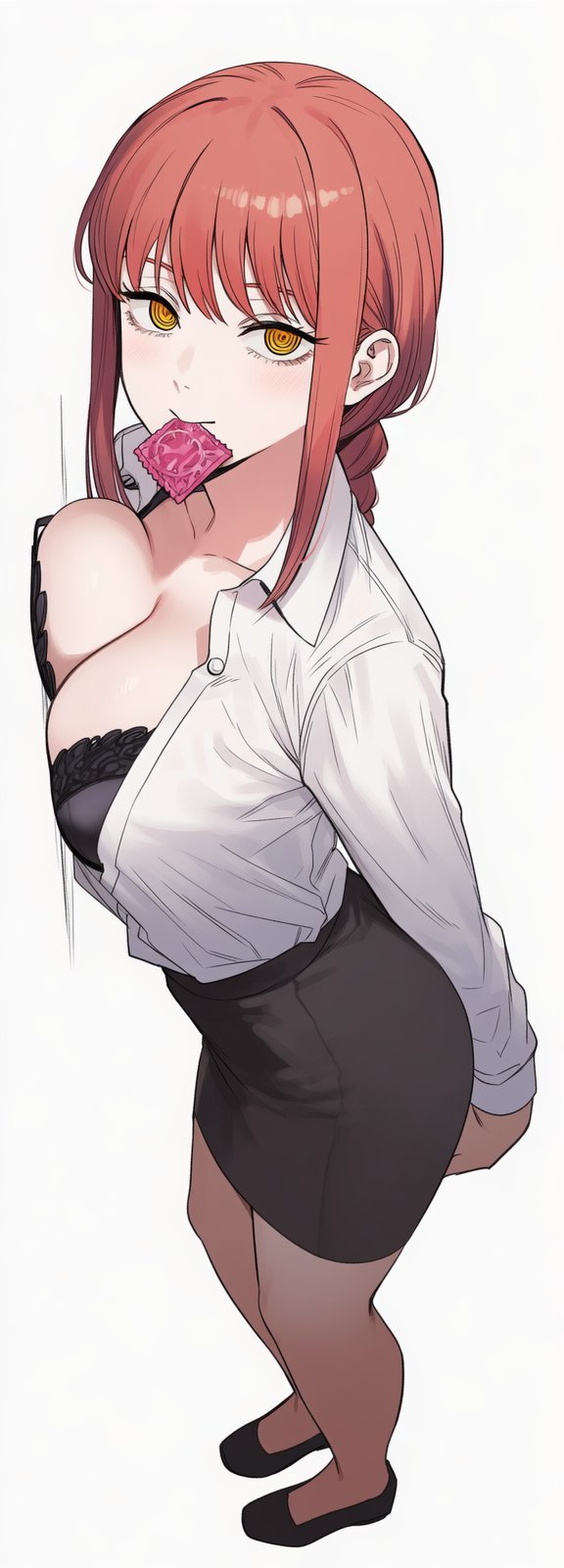 1girl, @_@, arm_behind_back, black_bra, black_footwear, black_skirt, bra, braid