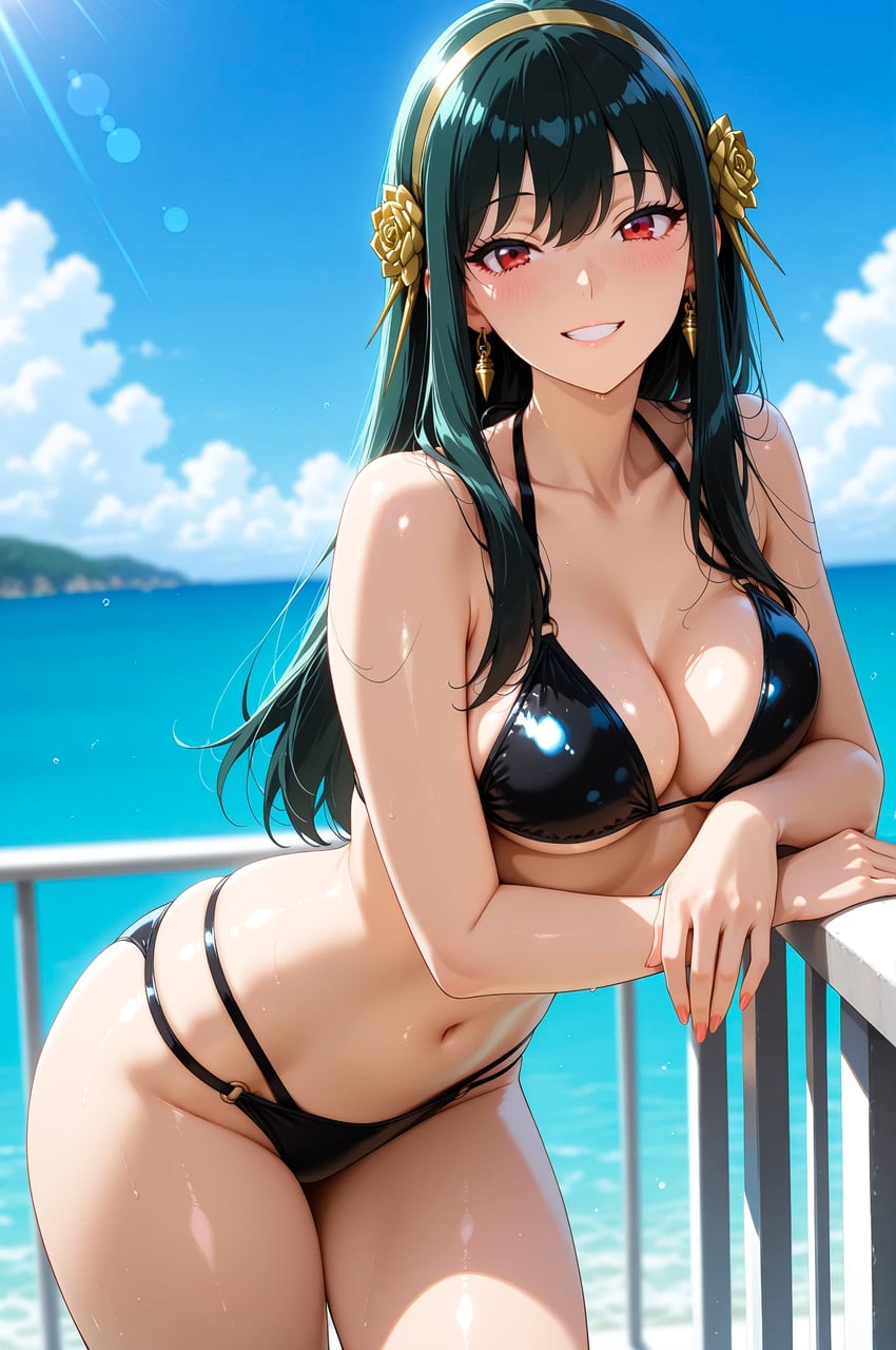 1girl, bangs, beach, bikini, black_bikini, black_hair, black_swimsuit, blue_sky