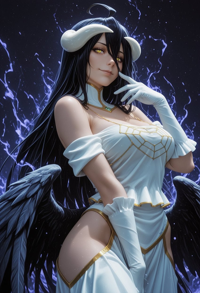1girl, albedo_(overlord), artist_name, aura, bare_shoulders, between_legs, black_hair, black_wings