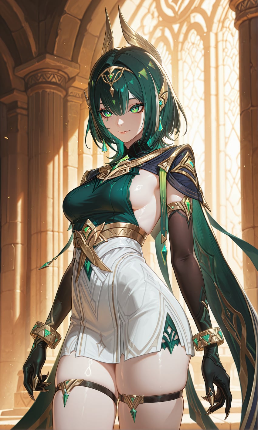 1girl, absurdres, arm_gloves, breasts, circlet, edward_no_genso, egyptian_clothes, facial_tattoo, genshin_impact, green_eyes, green_hair, green_shirt, headpiece, highres, incredibly_absurdres, indoors, nefer_(genshin_impact), see-through_gloves, self-upload, shirt, sideboob, skirt, solo, standing, tattoo, thigh_strap, thighs, triangle-shaped_eyes, white_skirt