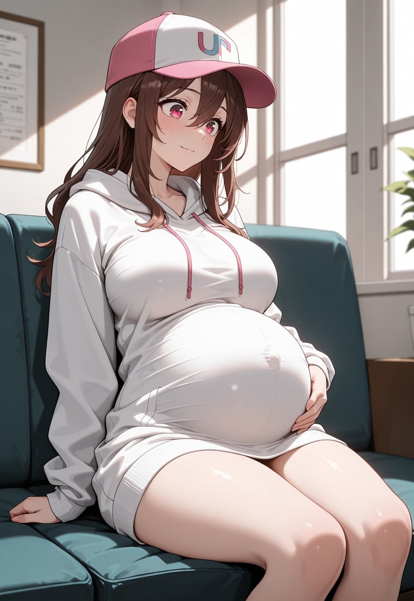 1girl, aged_up, arm_support, baseball_cap, big_belly, blush, breasts, brown_hair