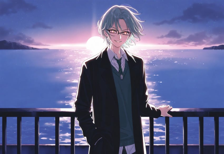 1boy, aged_up, black_coat, black_jacket, blue_hair, coat, collared_shirt, curtained_hair