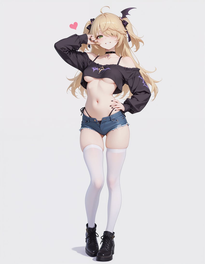 1girl, :d, absurdres, ahoge, alternate_costume, ankle_boots, arm_up, bare_shoulders, black_choker, black_footwear, black_nails, black_panties, black_shirt, blonde_hair, boots, breasts, choker, collarbone, commentary, crop_top, cropped_shirt, eyebrows_hidden_by_hair, fingernails, fischl_(genshin_impact), full_body, genshin_impact, green_eyes, grey_background, grey_thighhighs, grin, hair_over_one_eye, hand_on_own_hip, heart, highleg, highleg_panties, highres, japanese_commentary, kusjin1, long_hair, looking_at_viewer, medium_breasts, micro_shorts, model_request, nail_polish, navel, off_shoulder, one_eye_covered, open_fly, panties, shirt, shorts, simple_background, skindentation, sleeves_past_wrists, smile, solo, standing, thighhighs, underboob, underwear