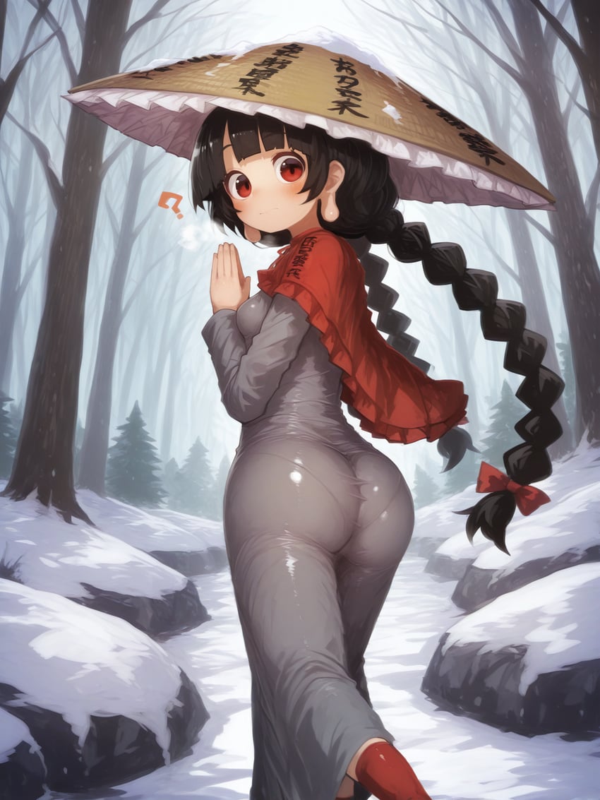 1girl, ?, adetailer, ajirogasa, ass, black_hair, blush, bow, bowtie, braid, breasts, breath, capelet, chosen-mix_xl, closed_mouth, cold, dims2_illustrious-xl_personal_merge, dress, feet_out_of_frame, forest, frilled_capelet, frills, from_behind, full_body, grey_dress, hat, inpainted, long_braid, long_dress, long_earlobes, long_hair, looking_at_viewer, looking_back, lora, nature, non-web_source, outdoors, palms_together, pantylines, praying, red_bow, red_bowtie, red_capelet, red_eyes, red_socks, rikanon, self-upload, small_breasts, snow, snow_on_clothes, snowing, socks, solo, taut_clothes, taut_dress, tight, tight_dress, touhou, turning_head, twin_braids, walking, yatadera_narumi