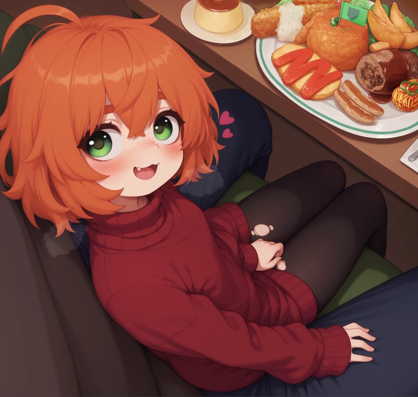 1boy, 1girl, :3, :d, absurdres, ahoge, ai-assisted, aroused, bangs, between_legs, black_leggings, blush, bob_cut, breasts, carpet, clothes_pull, couch, crossed_bangs, dessert, dress, english_text, eyebrows_hidden_by_hair, father_and_child, father_and_daughter, feet_out_of_frame, flat_chest, food, freckles, green_eyes, hair_between_eyes, hand_between_legs, heart, height_difference, highres, incredibly_absurdres, indoors, kurosawa_hina_(lolihmv), leggings, living_room, loli, lolihmv, long_sleeves, looking_at_viewer, looking_back, looking_up, meat, messy_hair, mesugaki, omelet, omurice, open_mouth, orange_hair, original, oversized_clothes, paid_reward_available, pants, pantyhose, parent_and_child, pasta, perspective, petite, plate, portrait, pov, presenting, rice, rug, seductive, seductive_eyes, seductive_smile, self-upload, short_hair, shrimp, sitting, sitting_on_lap, sitting_on_person, small_breasts, smile, spaghetti, spoon, sweater, sweater_dress, sweets, table, tempura, thick_eyebrows, thighhighs, thighs, torn_clothes, torn_pants, torn_pantyhose, turtleneck, turtleneck_sweater, wooden_floor