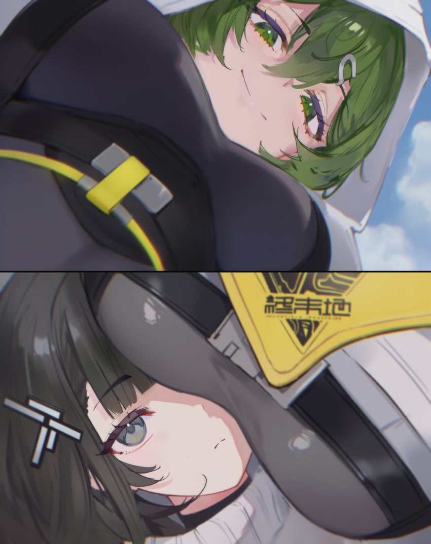 2girls, arknights, arknights:_endfield, black_bodysuit, black_hair, blue_eyes, blue_sky, bodysuit, breast_focus, breasts, close-up, closed_mouth, clothes_writing, cloud, cloudy_sky, commentary_request, day, double-parted_bangs, endfield_industries_logo, endministrator_(arknights), female_endministrator_(arknights), fluorite_(arknights:_endfield), frieren_lap_pillow_(meme), green_eyes, green_hair, hair_between_eyes, hair_ornament, hairclip, hood, hood_up, hooded_shrug, impossible_bodysuit, impossible_clothes, japanese_commentary, lamia, large_breasts, light_frown, looking_at_viewer, meme, monster_girl, multiple_girls, no_mask, outdoors, pov, shadow, shrug_(clothing), shuraillusts, sky, split_mouth, sweater, upper_body, white_shrug, white_sweater, yuri