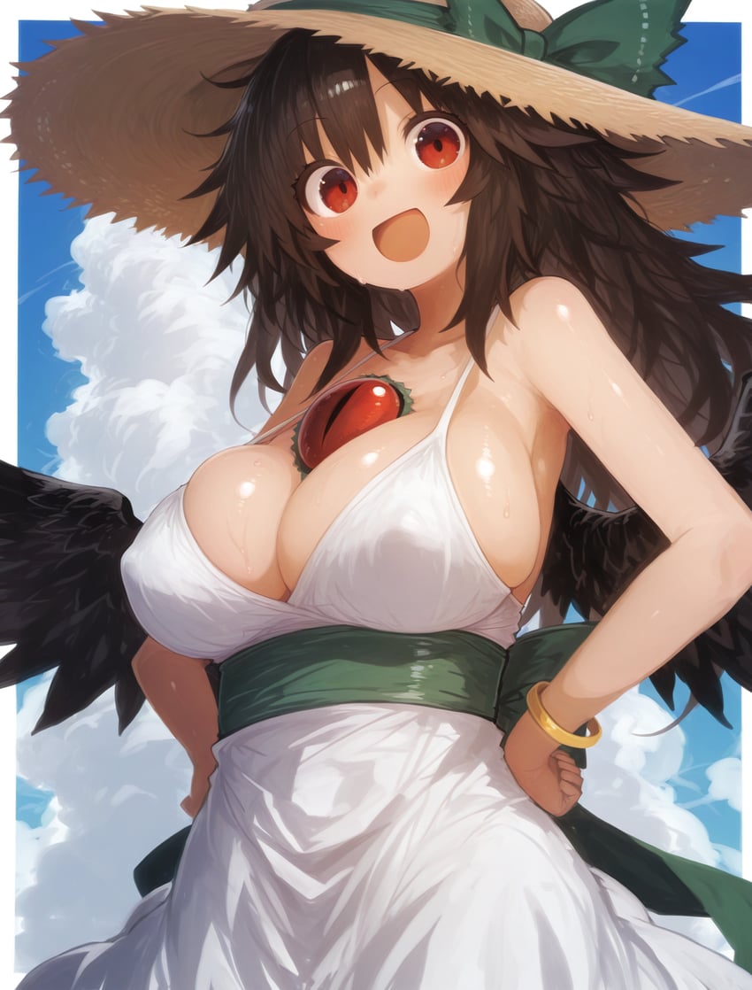 1girl, alternate_costume, back_bow, black_wings, blue_sky, border, bow, bracelet