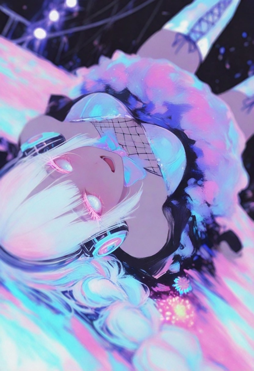 1girl, abstract, arms_by_sides, bangs, black_headphones, black_jacket, black_lace, blank_eyes