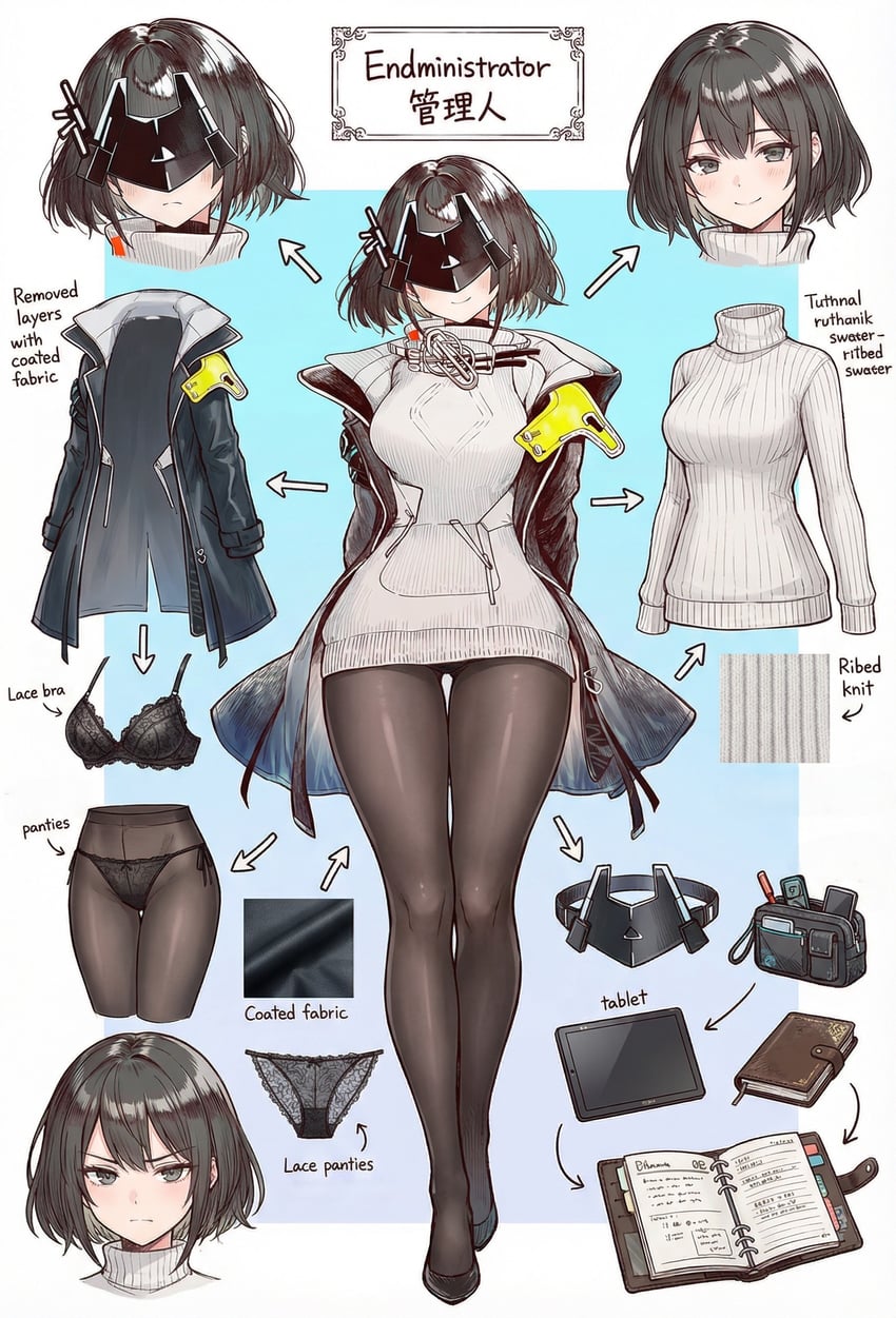 1girl, absurdres, arknights, arknights:_endfield, bag, black_coat, black_hair, black_jacket, black_pantyhose, bra, breasts, coat, commentary_request, dress, endministrator_(arknights), english_text, female_endministrator_(arknights), highres, jacket, jeje_box, lace, lace_bra, lace_panties, long_sleeves, looking_at_viewer, mask, notebook, open_clothes, open_jacket, panties, panties_under_pantyhose, pantyhose, reference_sheet, ribbed_dress, ribbed_sweater, short_hair, shoulder_bag, smile, solo, sweater, sweater_dress, tablet_pc, underwear, white_dress, white_sweater