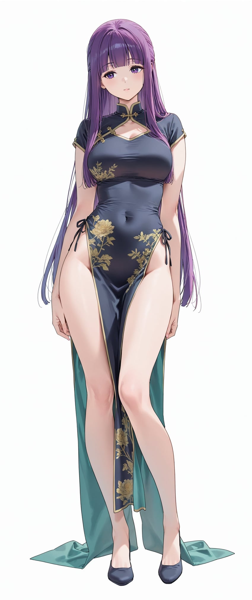 1girl, absurdres, alternate_costume, arms_at_sides, black_dress, black_footwear, botchi996, breasts