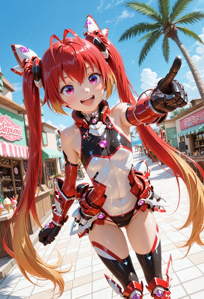 1girl, absurdres, armored_boots, blonde_hair, blue_sky, boots, breasts, caprea, detailed_background, elbow_gloves, food, gauntlets, genderswap, genderswap_(mtf), gloves, happy, headgear, high_details, highly_detailed, highres, ice_cream, leotard, loli, multicolored_hair, non-web_source, nova_furry_xl, ore_twintail_ni_narimasu, outdoors, palm_tree, pointing, purple_eyes, red_hair, resized, self-upload, shiny, shiny_clothes, skinny, sky, small_breasts, standing, tailred, thighhighs, tree, twintails, upscaled, vibrant_colors