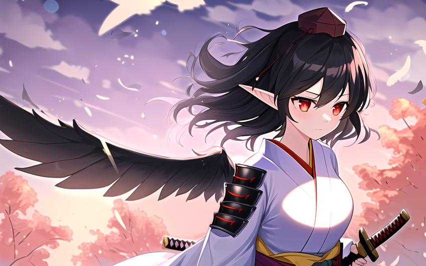 1girl, absurdres, bird, bird_wings, black_hair, black_wings, brown_overskirt, cherry_blossoms