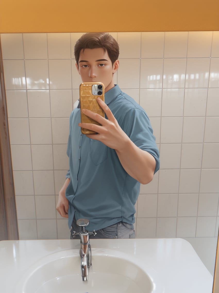 1boy, 2x2, bad_reflection, bathroom, blue_shirt, brown_eyes, brown_hair, cellphone