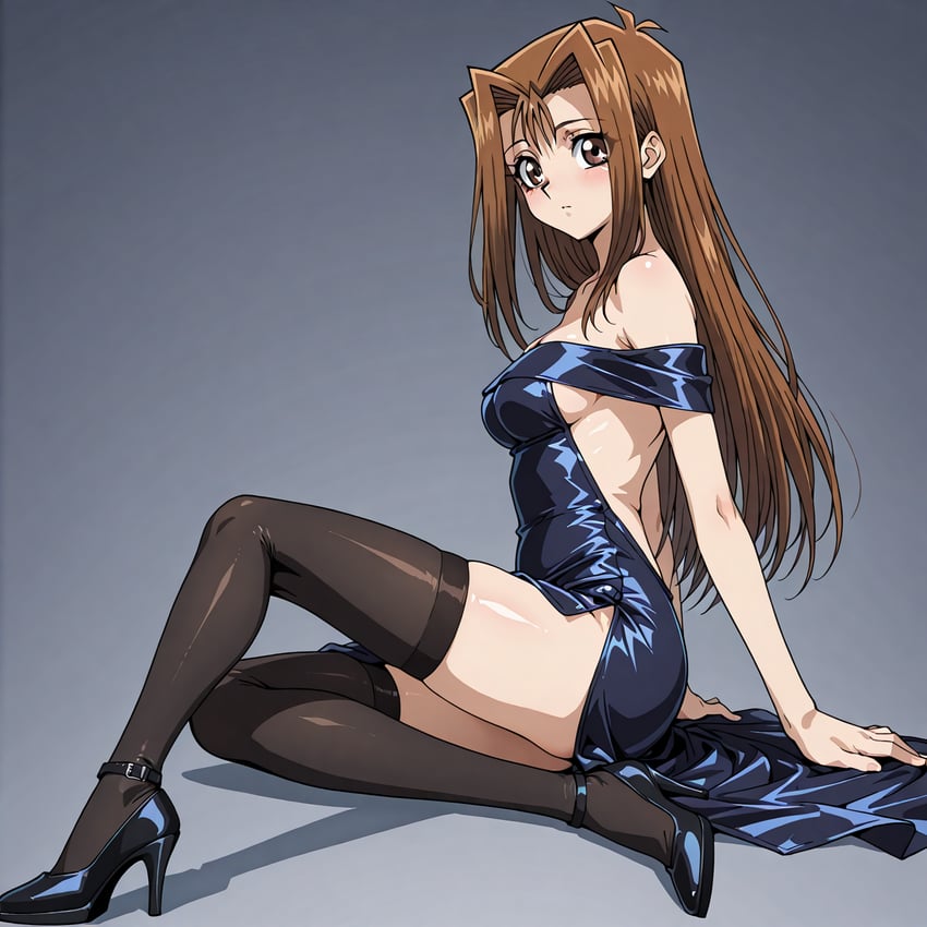 1girl, ankle_strap, arched_back, arms_behind_back, backless_dress, backless_outfit, bare_arms, black_dress