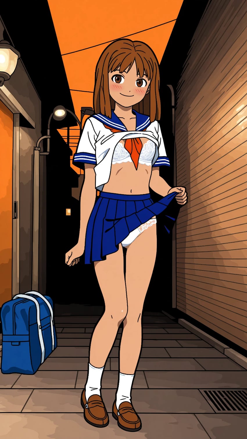 1girl, back_alley, bra, brown_eyes, brown_hair, clothes_lift, evening, hemorrhoids