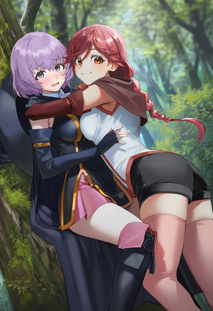 2girls, against_tree, apprenticedomini, ass, bare_shoulders, black_cape, black_dress, black_footwear, black_gloves, black_shorts, blurry, blurry_background, blush, boots, braid, braided_ponytail, breast_press, breasts, brooch, brown_capelet, cape, capelet, day, dress, elbow_gloves, eyebrows_visible_through_hair, fingerless_gloves, forest, gloves, hai_to_gensou_no_grimgar, hat, hug, huge_ass, inpainted, jewelry, knee_boots, large_breasts, long_hair, looking_at_viewer, medium_breasts, multiple_girls, nature, non-web_source, novelai, outdoors, pink_thighhighs, purple_eyes, purple_hair, red_eyes, red_hair, self-upload, shihoru_(grimgar), shirt, short_dress, shorts, skindentation, sleeveless, sleeveless_dress, sleeveless_shirt, thick_thighs, thighhighs, thighs, tree, unworn_hat, white_shirt, witch_hat, yume_(grimgar), yuri
