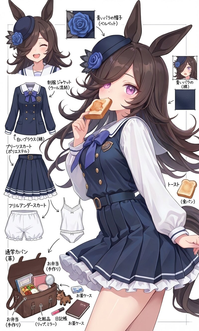 1girl, animal_ears, arrow_(symbol), bread, brown_hair, food, horse_ears, horse_girl