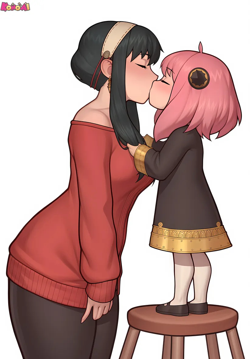 2girls, age_difference, anya_(spy_x_family), black_hair, breasts, closed_eyes, hairband, huge_breasts, kiss, konoaiart, large_breasts, multiple_girls, onee-loli, pink_hair, short_hair, spy_x_family, thick_thighs, thighs, yor_briar, yuri