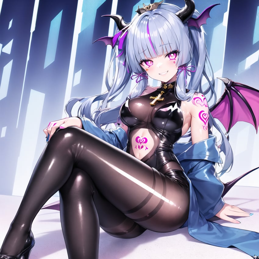 1girl, arm_tattoo, bare_shoulders, black_collar, black_footwear, black_leotard, blue_hair, blue_jacket, bodystocking, bodystocking_under_clothes, breasts, center_opening, chinese_commentary, collar, commentary, corruption, cross, cross_necklace, demon_girl, demon_horns, demon_wings, facial_tattoo, flower_knot, genshin_impact, heart, heart_tattoo, high_heels, horns, jacket, jewelry, kamisato_ayaka, leotard, long_hair, looking_at_viewer, medium_breasts, model_request, multicolored_hair, necklace, off_shoulder, poishui, shoulder_tattoo, smile, solo, stomach_tattoo, streaked_hair, tattoo, wings