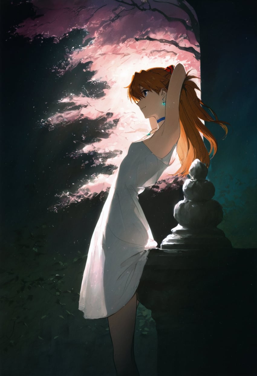 1girl, ass, black_background, blackthrone_ai, blue_choker, breasts, cherry_blossoms, choker