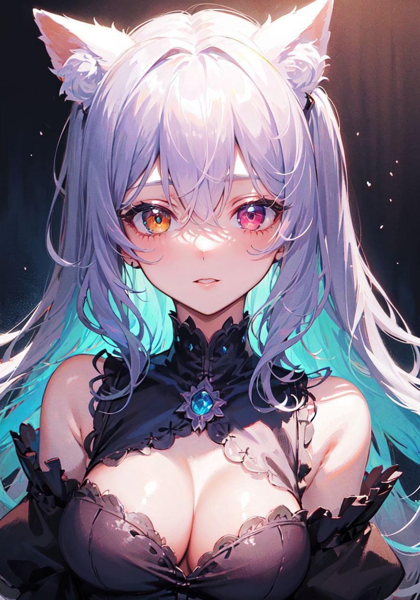 1girl, animal_ear_fluff, animal_ears, aqua_hair, bangs, bare_shoulders, black_background, black_dress, blush, breasts, brooch, cat_ears, cat_girl, cetus-mix, cleavage, cleavage_cutout, clothing_cutout, colored_inner_hair, crossed_bangs, detached_sleeves, dress, earrings, extra_ears, frills, gem, hair_between_eyes, heterochromia, jewelry, large_breasts, long_hair, looking_at_viewer, medium_breasts, multicolored_hair, orange_eyes, original, parted_lips, pink_eyes, red_eyes, sleeveless, solo, stable_waifu, upper_body, white_hair