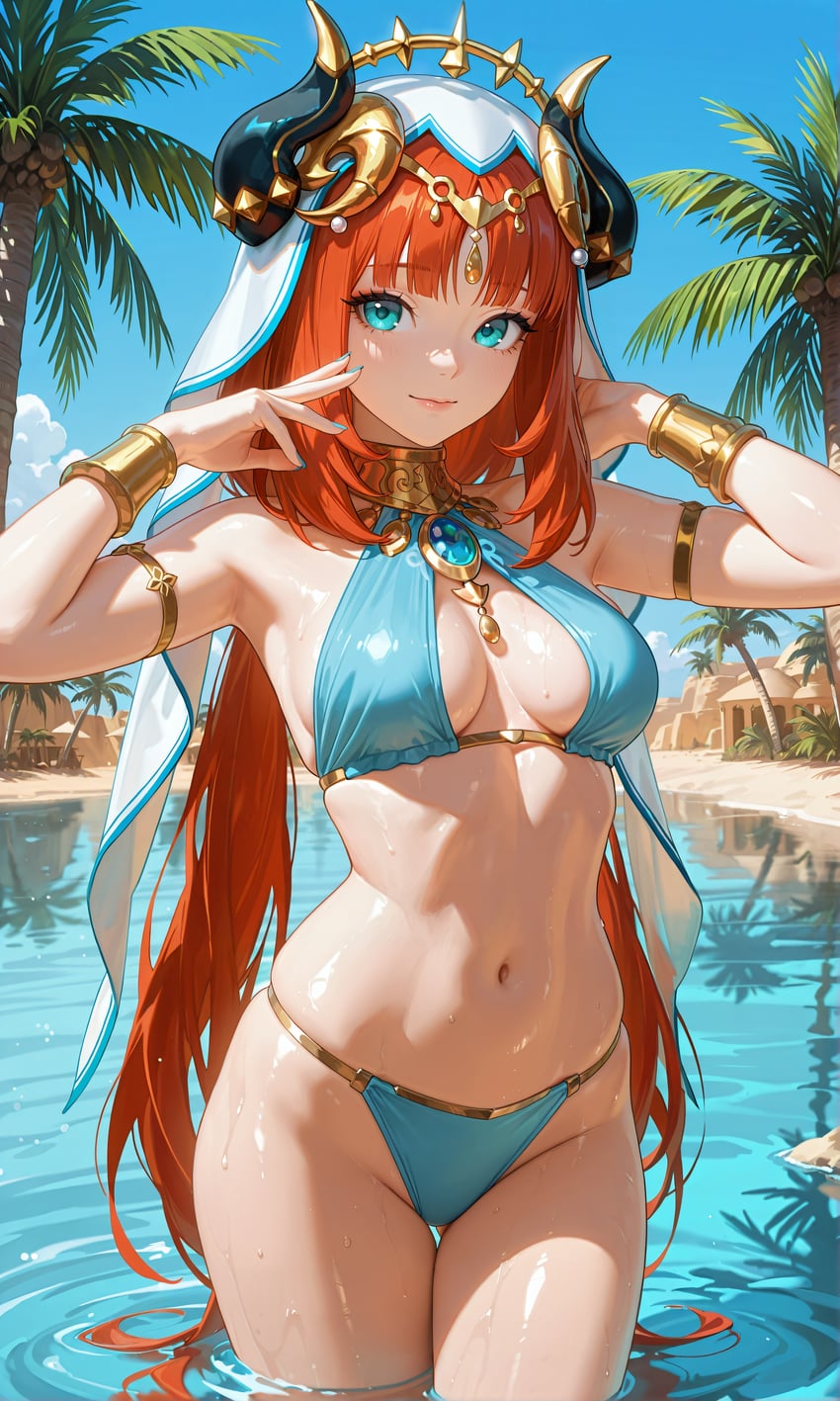 1girl, absurdres, bikini, blue_gemstone, brooch, circlet, desert, edward_no_genso