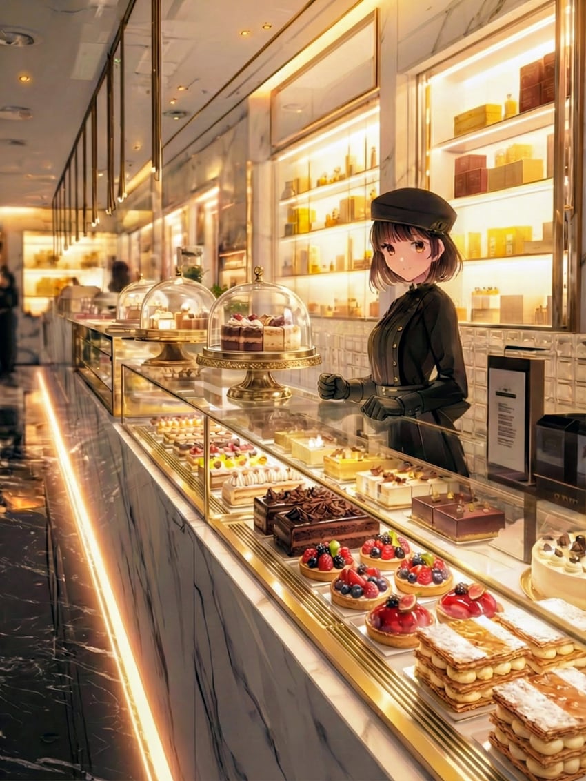 1girl, bakery, black_gloves, black_headwear, blackberry_(fruit), blueberry, blurry, box