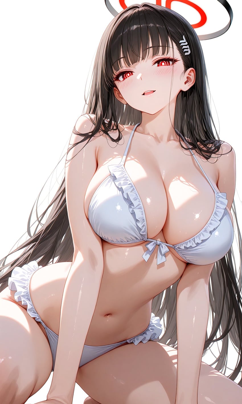 1girl, bikini, black_hair, black_halo, blue_archive, breasts, bright_pupils, cleavage