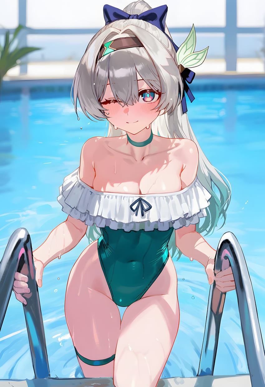 1girl, ;), absurdres, akeps, blurry, blurry_background, blush, breasts